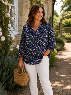 LAUREN Ralph Lauren Blouse Semi Sheer Black Floral Dark Femme Romantic Top XL